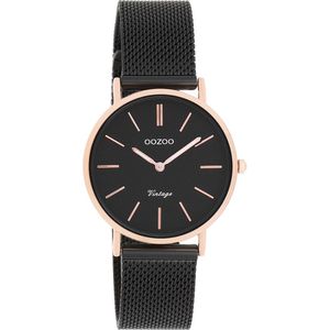 OOZOO Timepieces - Rosé goudkleurige horloge met zwarte metalen mesh armband - C8871