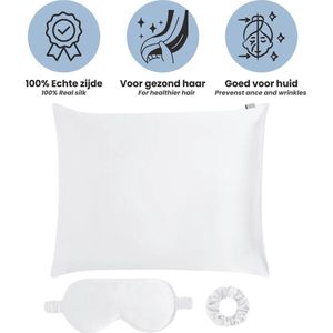 Zijden kussensloopset wit - 60x70 - Incl. slaapmasker en scrunchie - Luxe kwaliteit van 23 momme - Muné Bedding