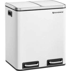 Afvalemmer, prullenbak, keuken prullenbak, 2 x 15 L 2 x 15 L 2-compartimenten afvalbak met binnenemmers en handgrepen voor keuken, langzaam sluitend, luchtdicht, wit