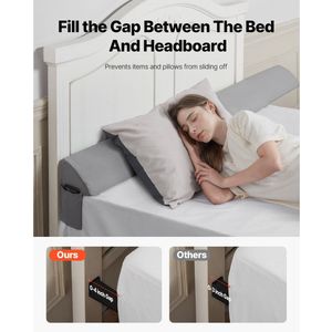 Bed spleetvuller lang wigkussen, 0-101,6 mm bedwig, 25D hoofdbordwig van schuim met hoge dichtheid, met zijvak, 1930x152x115 mm, matraswigkussen, spleetvuller, grijs