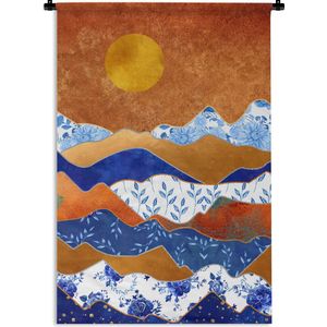 Wandkleed - Wanddoek - Goud - Delfts Blauw - Bloemen - 60x90 cm - Wandtapijt