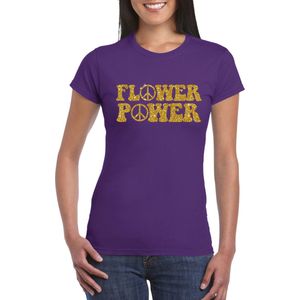 Toppers Paars Flower Power t-shirt peace tekens met gouden letters dames - Sixties/jaren 60 kleding XS