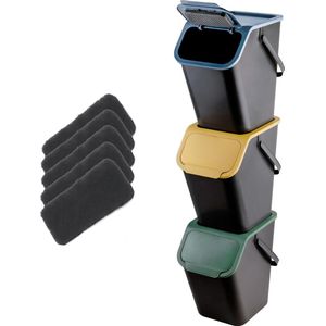 Vuilnisemmer set van 3 stuks 25 liter met deksel en koolstoffilter - afvalscheidingssysteem recycling - Go Practic