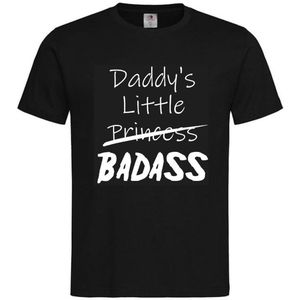 T-shirt Kinderen met stoere tekst ""Daddy's little princess BADASS"" | korte mouw | Zwart/wit | maat 122/128 (S)