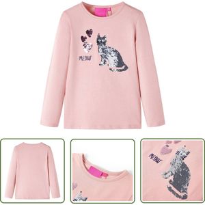 vidaXL Meisje - Kinderhemd - Kindershirt met lange mouwen 128 lichtroze - Roze - Langmouwig - Cat Design