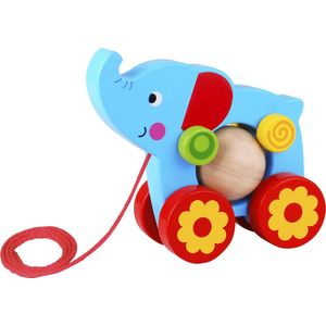 Tooky Toy Olifant Trekfiguur - Houten Speelgoed - Vanaf 18 Maanden - Blauw/rood