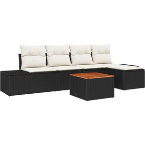 vidaXL - 6-delige - Tuin - Sofa - Set - met - Kussens - Zwart - Poly - Rattan - Acacia