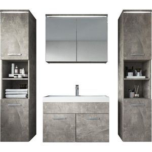 Badplaats Badkamermeubel Set Paso XL 80 x 40 cm - Beton Grijs - Badmeubel met spiegelkast en zijkasten