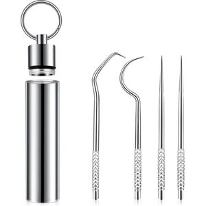 tandenstokers Roestvrijstalen tandenstokerset, 4 stuks/set, draagbare metalen tandenstokers, zakkit met aluminium houder, dispenser, sleutelhanger, herbruikbaar, rechte/gebogen tandreinigingsgereedschap voor