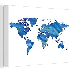 Canvas Wereldkaart - 30x20 - Wanddecoratie Wereldkaart - Waterverf - Blauw