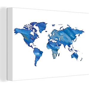 Canvas Wereldkaart - 30x20 - Wanddecoratie Wereldkaart - Waterverf - Blauw