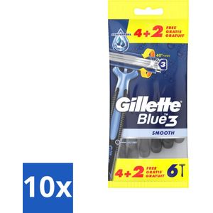 10 x Gillette - Blue 3 Smooth - Wegwerpscheermesjes - Comfortabele scheerbeurt - 6 Scheermesjes - Scheermesjes Voor Mannen - Gladde Scheerbeurt - Comfortabele Scheerbeurt - Scheermesjes Voor Dagelijks Gebruik