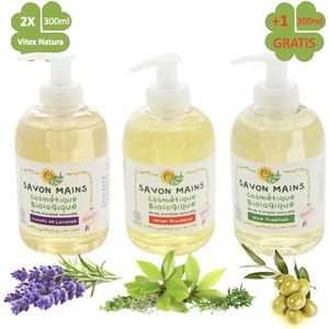 Vloeibare handzeep 2x300ml + 1 GRATIS | Lavendel, Olijf, Boomgaard | Biologisch | Cigale Bio Frankrijk