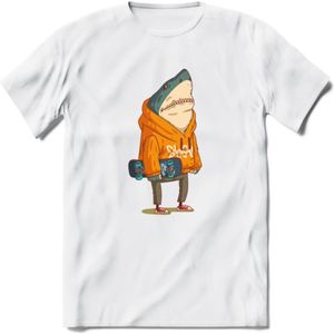 Casual skater haai T-Shirt Grappig | Dieren vissen Kleding Kado Heren / Dames | Animal Skateboard Cadeau shirt - Wit - L