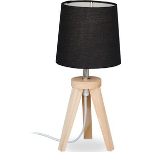 Relaxdays tafellamp driepoot - nachtkastlamp hout - Scandinavische woonkamer lamp zwart