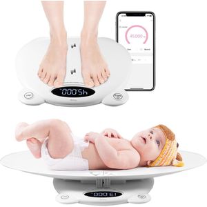 Baby Weegschaal – met Weegplateau – Personenweegschaal Digitaal – Dierenweegschaal – 50gr tot 200kg – met Tarra Functie en App – Weegschaal – Wit – Faas