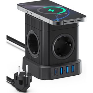 Voomy - Cube - Stekkerdoos - Zwart - Draadloze Oplader - 5 Stopcontacten - 4 USB Poorten