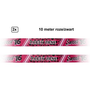 2x Rol afzetlint Sweet Sixteen 10 meter rose/zwart - afzet lint festival thema feest verjaardag markeerlint fun waarschuwing lint sweet 16