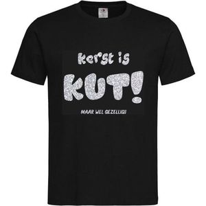 T-shirt Unisex Volwassenen Kerst Kerstmis Man Vrouw Grappig Tekst ""Kerst is KUT maar wel gezellig!!"" Op Voorkant | korte mouw | Zwart/Zilver GLITTER | maat XL