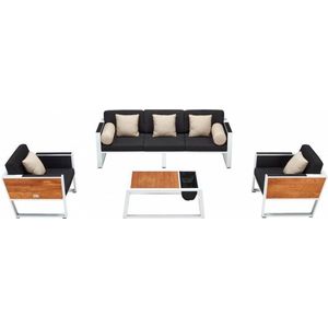 York stoel-bank loungeset 4-delig wit aluminium zwarte kussens
