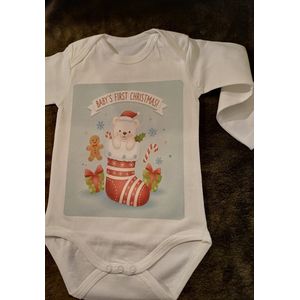 Baby's First Christmas Romper (Maat 74/80) – Romper met Lange Mouwen - Met Kerstsok – Leuk Kerstcadeau / Eerste Kerstoutfit – Feestelijke Babykleding