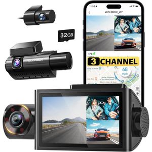 WOLFBOX i07 Dashcam, 3-kanaals Dashcam Camera met WiFi en GPS, 4K+1080P voor Voor & Interieur, 2.5K 1600P+1080P+1080P, 3"" LCD met Super IR Nachtzicht, 24-uurs Parkeerbewaking, Max. 512 GB (Draadloos Voor & Achter)