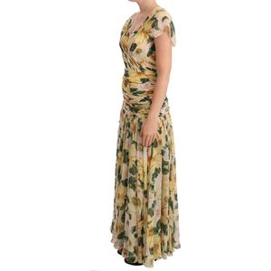 Gele zijden bloemenprint geplooide max-jurk