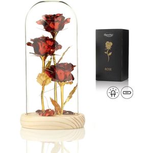Luxe Roos in Glas met LED – Gouden Roos in Glazen Stolp – Moederdag - Cadeau voor vriendin moeder haar - Rood 3x met Blaadjes - Lichte Voet – Qwality
