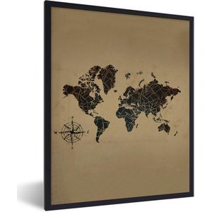 Fotolijst incl. Poster - Wereldkaart - Vintage - Kompas - 30x40 cm - Posterlijst
