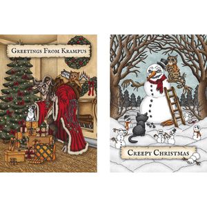 Griezelige Kerstkaarten Set x 6 - Zes Monster en Katten Wenskaarten - Krampus - Enge Sneeuwman - Gothic Kerstmis - Poezen Illustraties - Spooky Folklore Kerstkaart - Creepy Christmas - Felicitatie Feestdagen Kaart - Uniek Nederlands Design