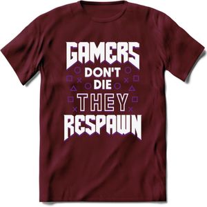 Gamers don't die T-shirt | Paars | Gaming kleding | Grappig game verjaardag cadeau shirt Heren – Dames – Unisex | - Burgundy - M