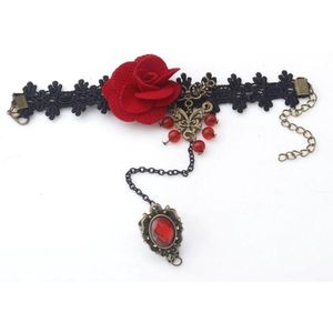 Gothic Armband met Ring - Festival Punk Polsketting - Rode Roos  gevlochten - 21 cm - 1 stuks