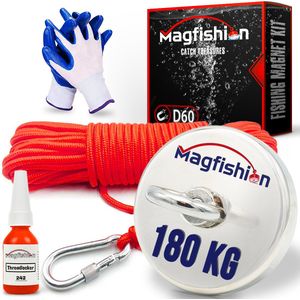 Magfishion Magneetvissen Set - 180 KG - Vismagneet - 20 Meter Lang Touw + Karabijnhaak met Schroefsluiting - Handschoenen - Borgmiddel - Magneetvissen Starterspakket - Magneet Vissen - Outdoor