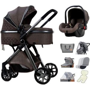 Luxe Multifunctionele 3-in-1 Combi Kinderwagen – Kwalitatieve Buggy – Opklapbare Wandelwagen – Donkerbruin – Incl. Autostoel