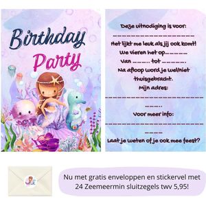 Uitnodiging kinderfeestje - Kinderfeest - Uitnodigingen - Verjaardag - Inclusief enveloppen - Eigen design en print - Wenskaart - Zeemeermin - 20 stuks - A6