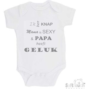 100% katoenen Romper ""Ik ben knap Mama is SEXY & Papa heeft GELUK"" Unisex Katoen Wit/grijs Maat 56/62