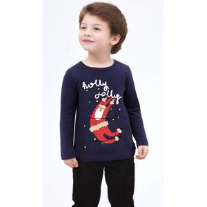 KerstKleding / Christmas T-Shirt - Kerst cadeau - Kerstman - Unisex - Holly Jolly | Blauw | Kind 3-4 jaar | Maat 104
