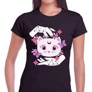 Dames T-Shirt - Celestial Familiar - Kleur zwart - Maat XL - Perfect voor liefhebbers van hekserij, sterrenkijkers en kattenliefhebbers