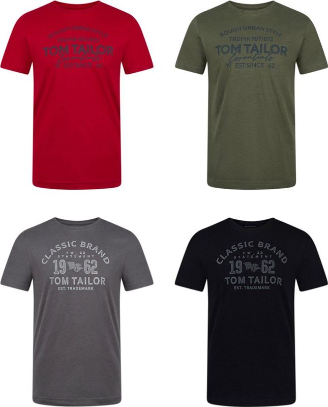 Tom Tailor - T-Shirt - Veelkleurig - 4 Pack - Ronde Hals - Volwassenen - Opdruk