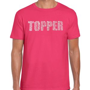 Glitter Topper t-shirt roze met steentjes/ rhinestones voor heren - Glitter kleding/ foute party outfit M