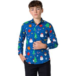 OppoSuits SHIRT LS Festivity Blue Teen Boys - Tiener Overhemd - Kerstshirt - Blauw - Maat 16 Jaar