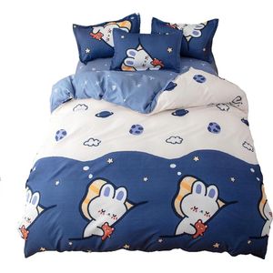 Donkerblauw slapend konijn cartoon beddengoedset - microvezel - 1 dekbedovertrek 180 x 220 cm - 1 laken 230 x 230 cm - 2 kussenslopen 48 x 74 cm