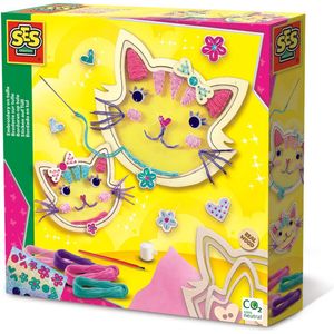 SES - Borduren op tule - katten thema - borduurringen van echt hout - 4 kleuren borduurgaren - met glitter stickers voor de details
