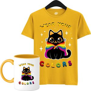 Schattige Pride Vlag Kat - Unisex T-Shirt Mannen en Vrouwen - LGBTQ+ Suporter Kleding - Gay Progress Pride Shirt - Rainbow Community - T-Shirt met mok - Unisex - Geel - Maat L