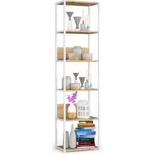 Open Boekenkast, Ladderkast, Loft Design / Metalen Vakkenkast met 6 Planken / Opbergplank / Boekenrek Opslagrek / Wit - Artisan Eik / 50 x 192 x 32 cm