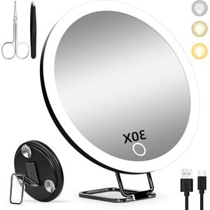 15 cm vergrotingsspiegel met 30-voudig licht - 3 kleurmodi - verduistert - make-upspiegel - reisspiegel met zuignappen - tafelhouder