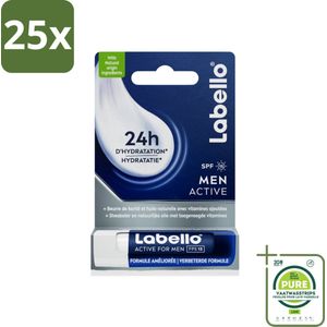 25 x Labello – Lippenbalsem – Active For Men – SPF 15 – 4,8 g - Grootverpakking - Lippenbalsem Voor Mannen - Verzorging Van Lippen - Droge Lippen - Gebarste Lippen - Natuurlijke Lippen