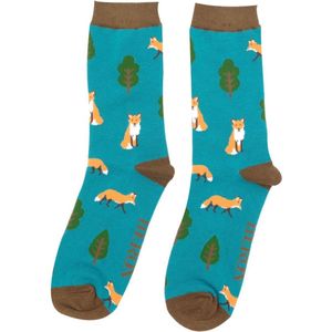 Mr Heron - heren sokken vossen en bomen - teal - vossenprint - dierenprint - bamboe sokken - leuke sokken