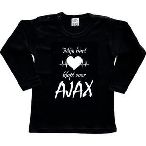 Amsterdam Kinder t-shirt Lange Mouw | ""Mijn hart klopt voor AJAX | Verjaardagkado | verjaardag kado | grappig | jarig | Amsterdam | AJAX | cadeau | Cadeau | Zwart/wit | Maat 98