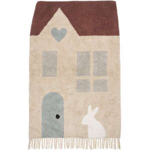 Stijlvol tapijt kleed kinderkamer - rustig klein zacht speelkleed pastel - huis deur raampjes hartje konijn franjes - 100x150 cm - kerst cadeau tip